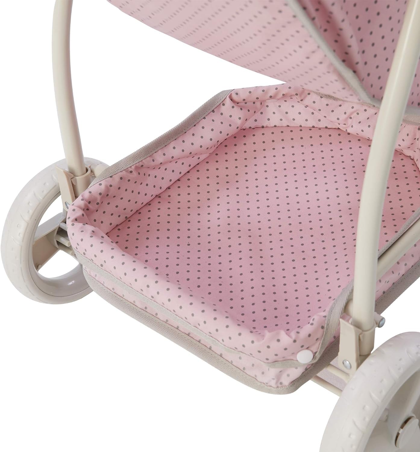 2-In-1 Convertible Baby Doll Stroller with Retractable Canopy, All-Terrain Wheels, and Adjustable Handle, Cream and Pink with Gray Polka Dots
