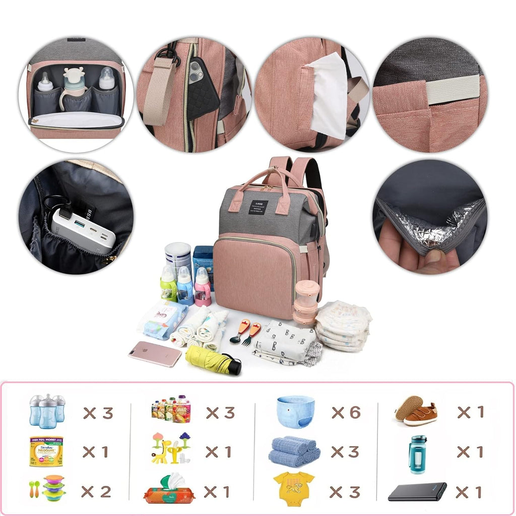 Baby Diaper Bags Backpack with Changing Station(Pink-Grey)