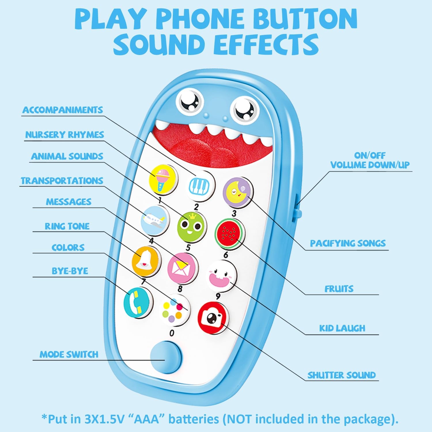 Baby Shark Cell Phone Toy Kids Play Fake Light-Up Teether 12+ Months (Blue)