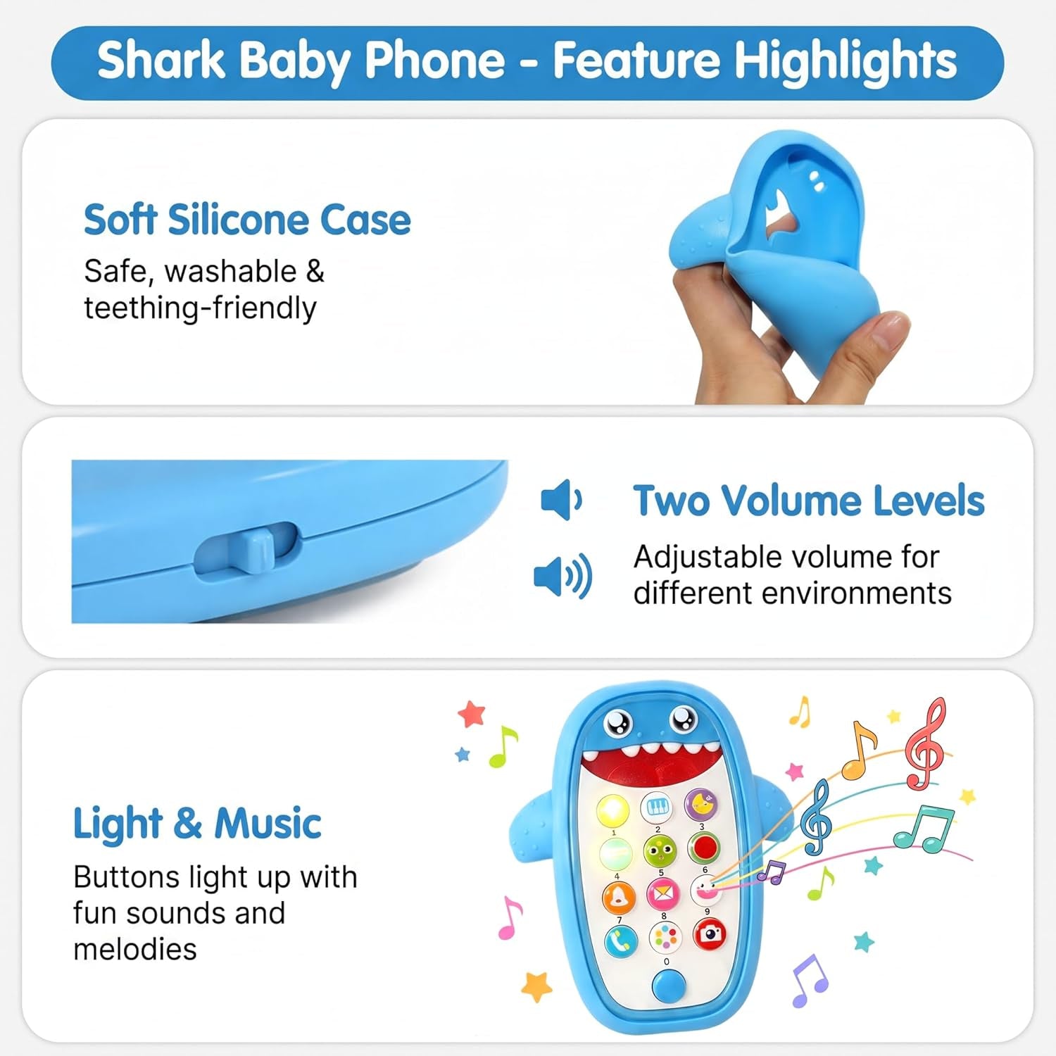Baby Shark Cell Phone Toy Kids Play Fake Light-Up Teether 12+ Months (Blue)