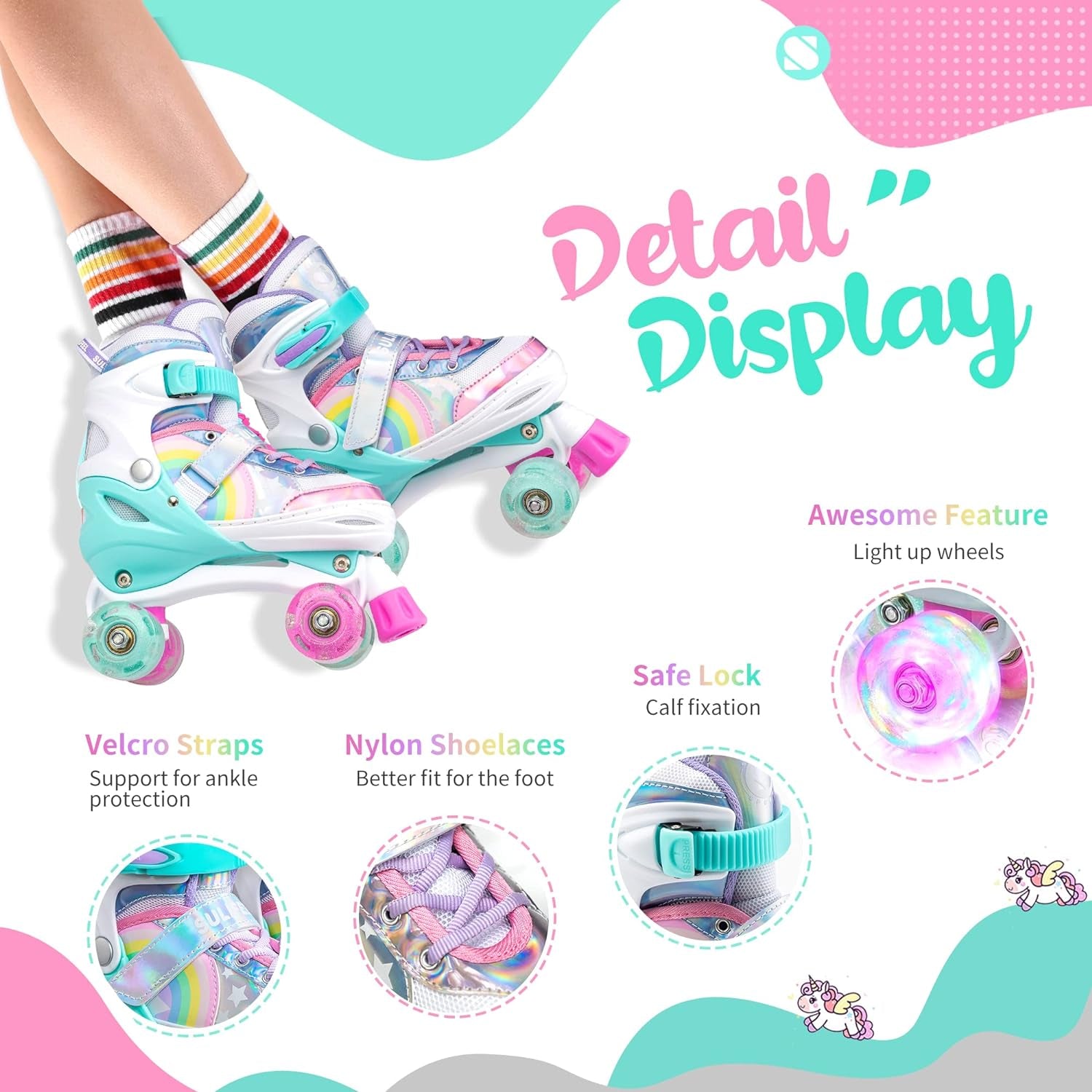 Rainbow Unicorn 4 Size Adjustable Roller Skates for Girls Boys for Kids Ages 3-5 5-8 6-12 Children Skates Indoor Outdoor