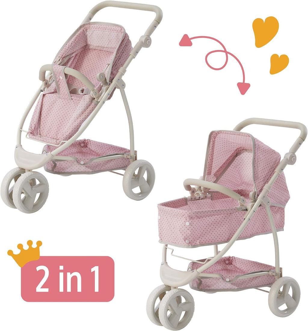 2-In-1 Convertible Baby Doll Stroller with Retractable Canopy, All-Terrain Wheels, and Adjustable Handle, Cream and Pink with Gray Polka Dots