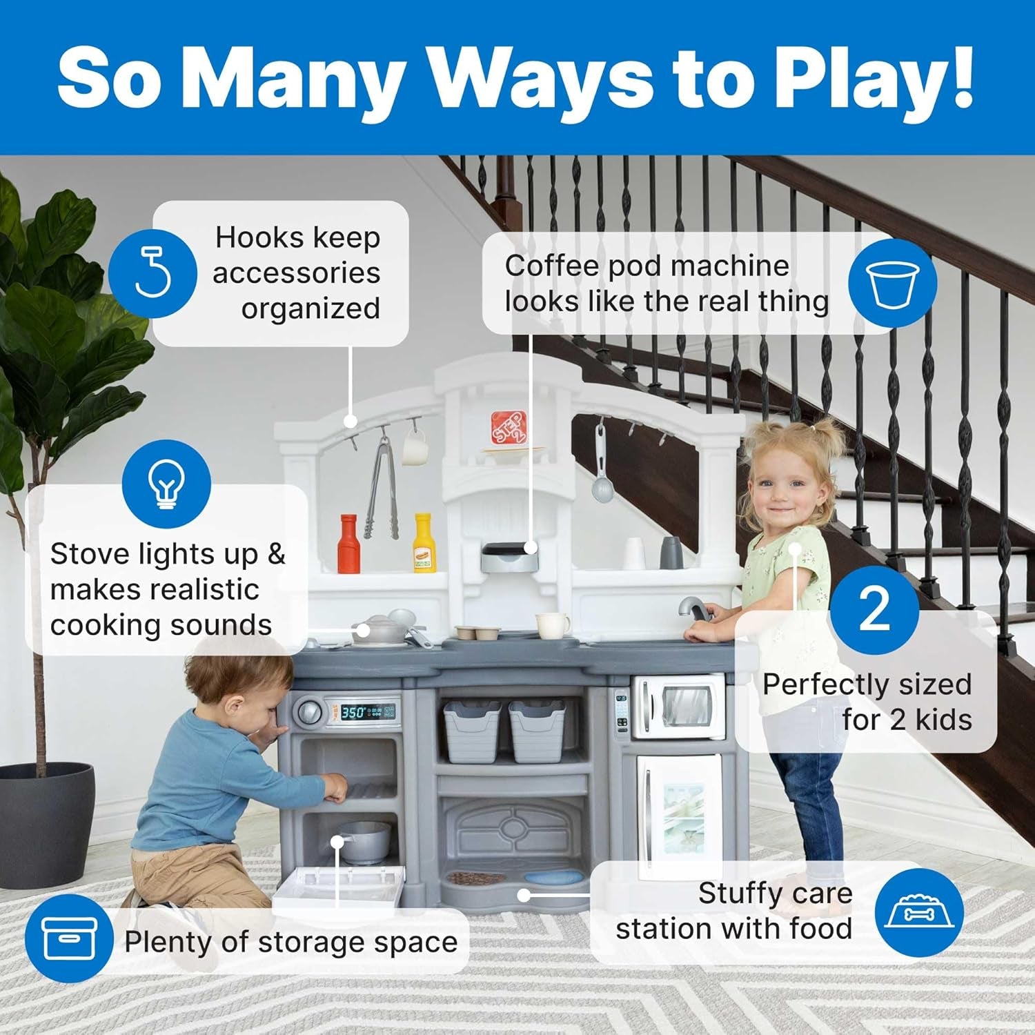 Step2 Fun with Friends Kids Kitchen Playset, Indoor/Outdoor Kitchenette with Lights & Sounds, Durable Plastic, 25-Piece Toy Accessories, Toddlers 2+ Years, Gray