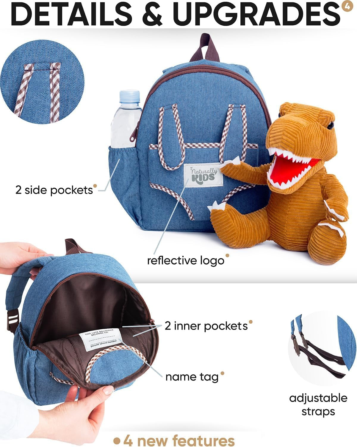 Toddler Backpack W. Plush Brown Dinosaur Toy, Kids Gift 2-5