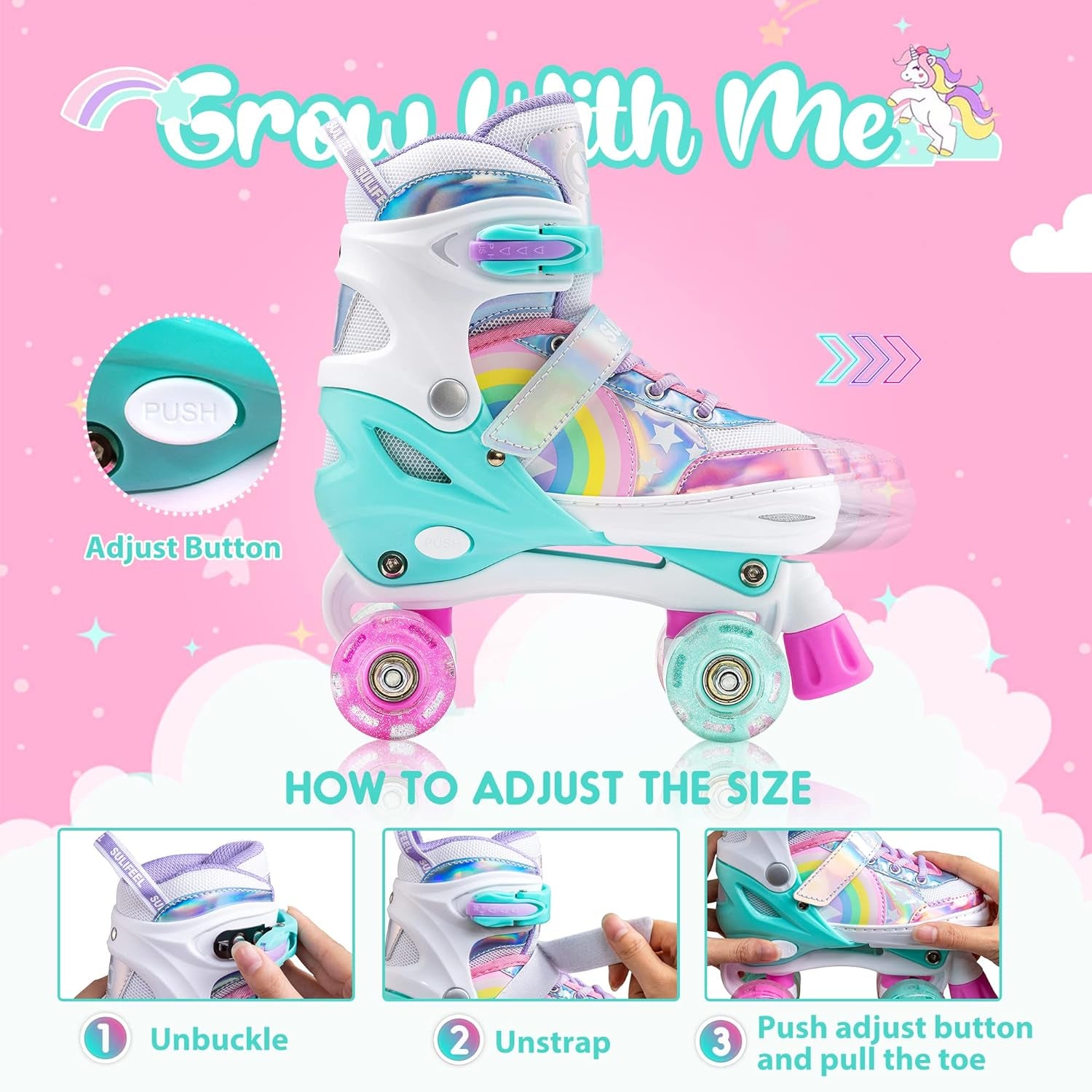 Rainbow Unicorn 4 Size Adjustable Roller Skates for Girls Boys for Kids Ages 3-5 5-8 6-12 Children Skates Indoor Outdoor