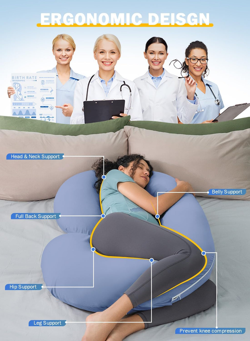 Cooling Pregnancy Pillow, Maternity Pillow for Pregnant Women, Bright Blue