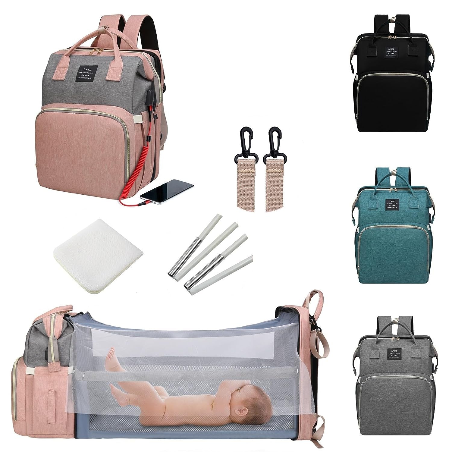 Baby Diaper Bags Backpack with Changing Station(Pink-Grey)