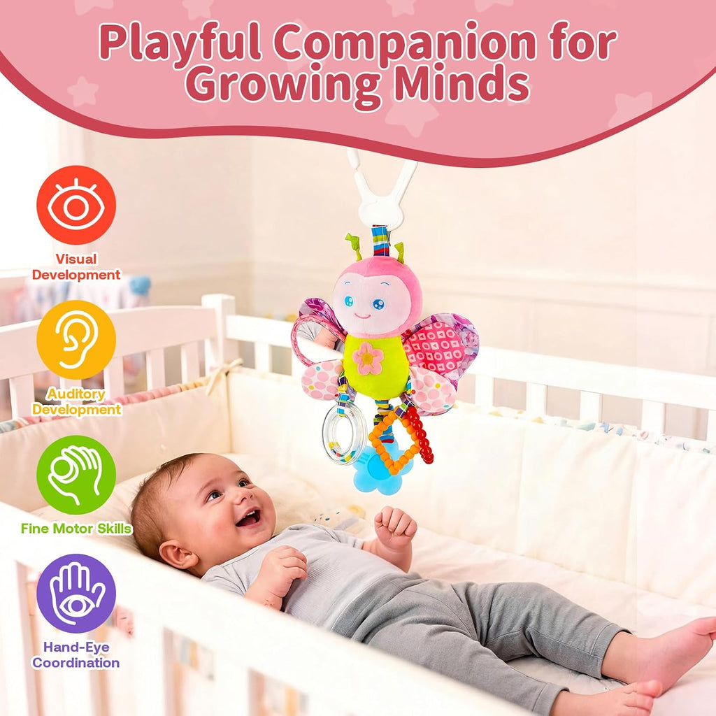Baby Stroller Toy and Car Seat Toy for Infant with Teether Hanging Rattle Toys Clip on Stroller Toy Soft Plush Baby Toys for Boys and Girls 3-12 Months