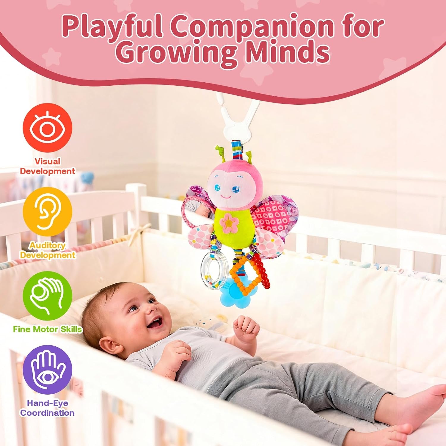 Baby Stroller Toy and Car Seat Toy for Infant with Teether Hanging Rattle Toys Clip on Stroller Toy Soft Plush Baby Toys for Boys and Girls 3-12 Months