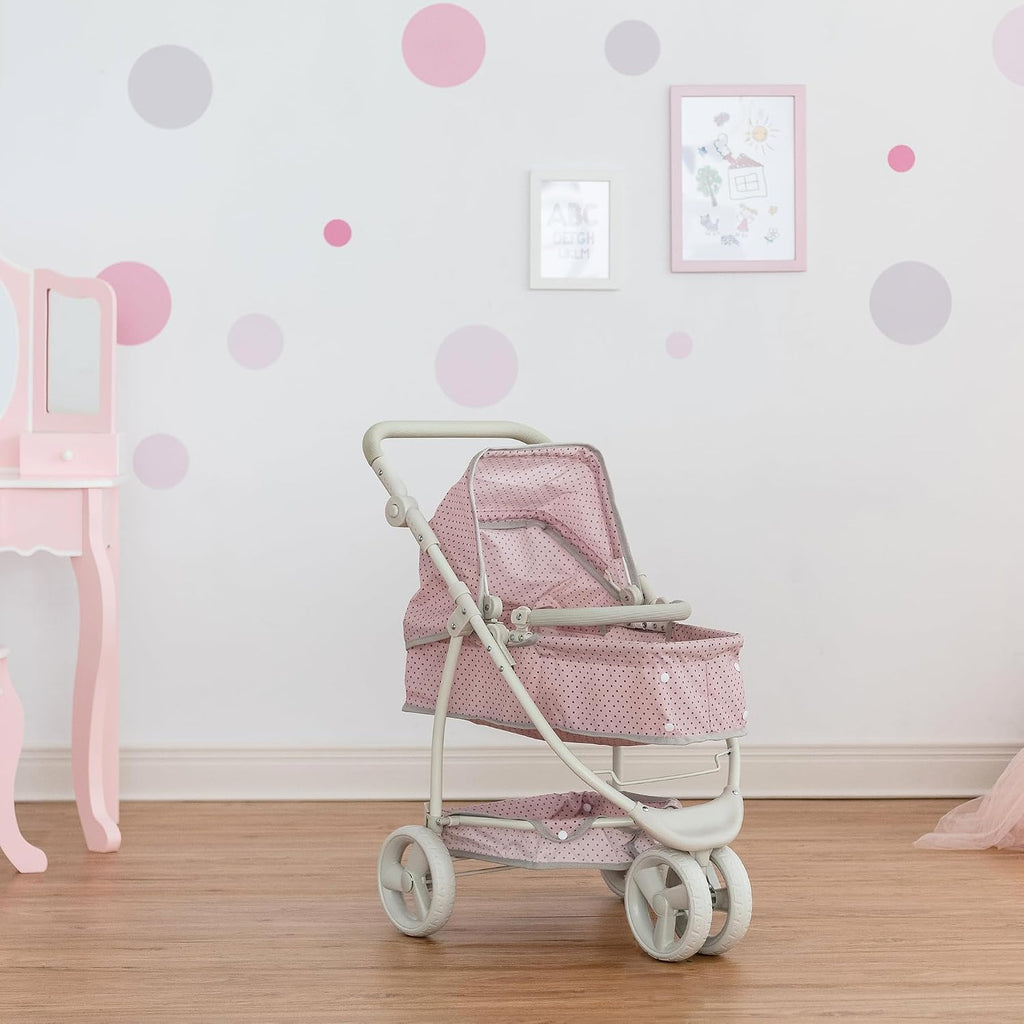 2-In-1 Convertible Baby Doll Stroller with Retractable Canopy, All-Terrain Wheels, and Adjustable Handle, Cream and Pink with Gray Polka Dots