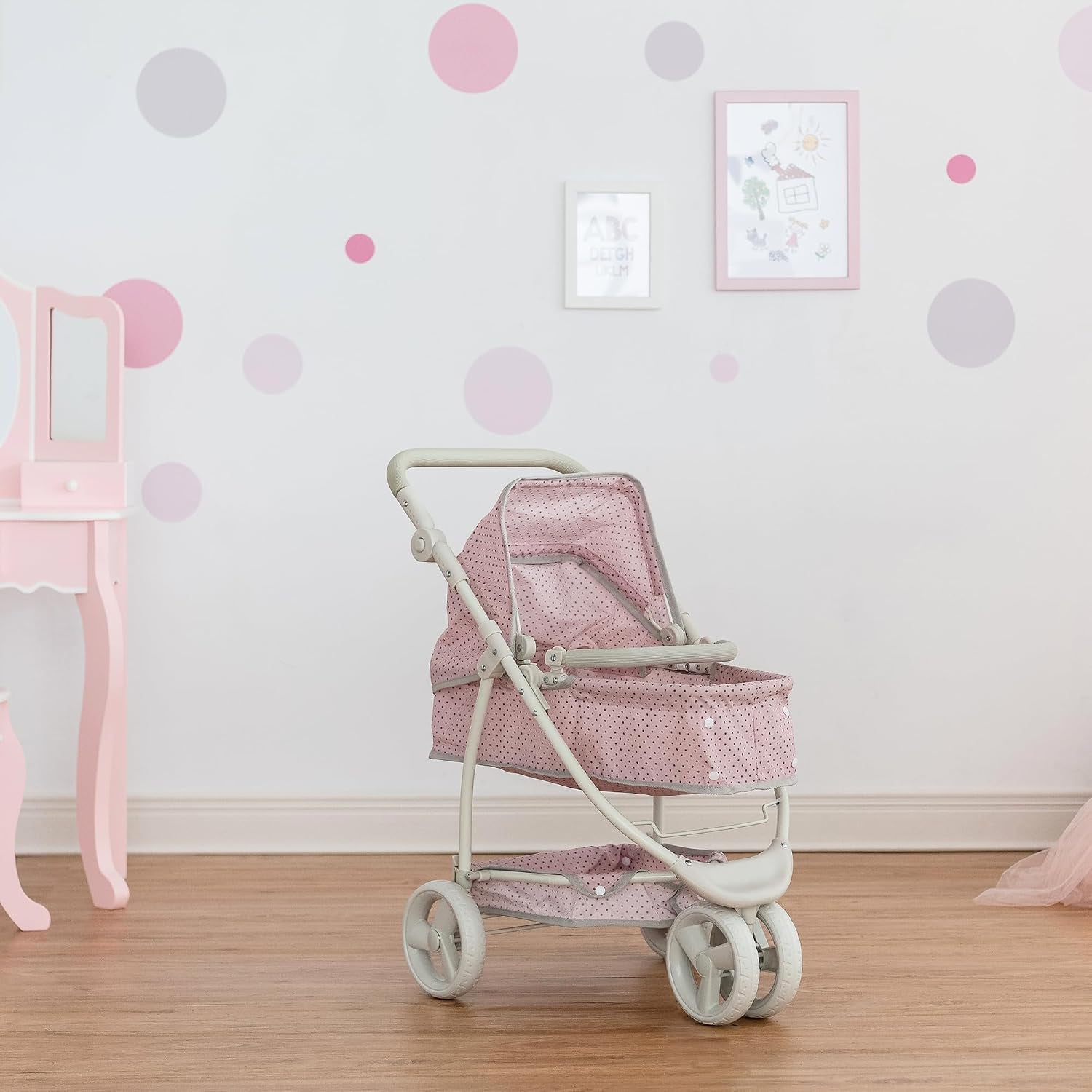 2-In-1 Convertible Baby Doll Stroller with Retractable Canopy, All-Terrain Wheels, and Adjustable Handle, Cream and Pink with Gray Polka Dots